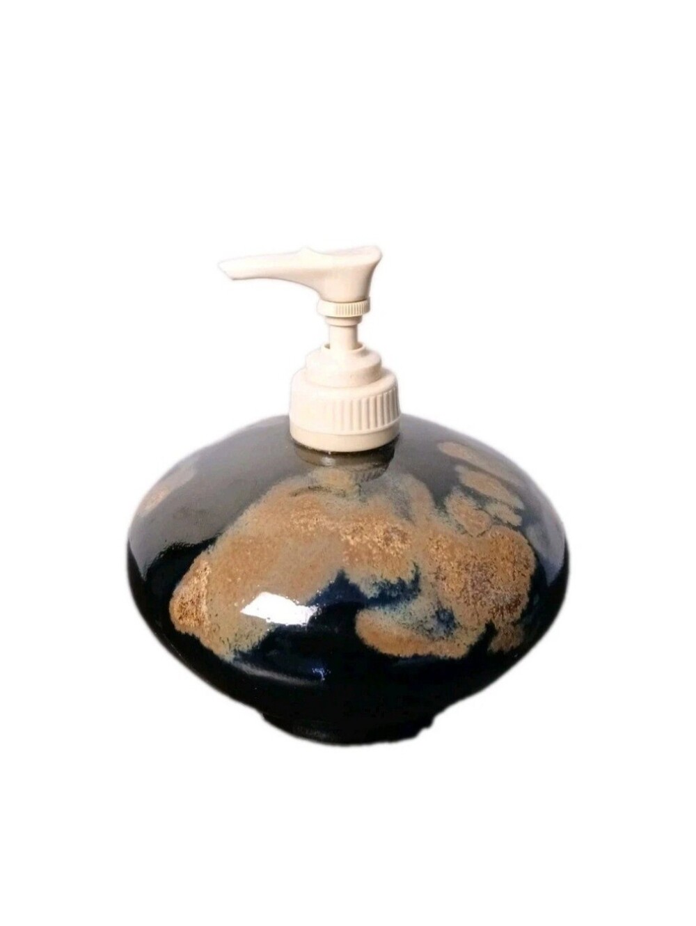 Studio Pottery Soap or Lotion Dispenser Blue/Gold Marble Glaze